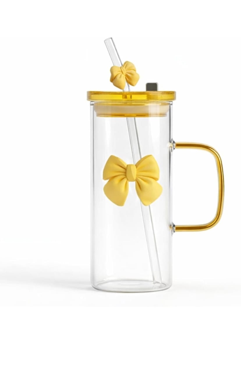 FUNKYFINDS Cute Yellow Bow Square Glass Cup 400 ml with Handle, Lid & Bow Straw Cute Korean Style Cup for Milk, Juice, Coffee & Smoothies Coquette Bows Birthday Gifts for Girls Women (Set of 1 (copy) - Image 3
