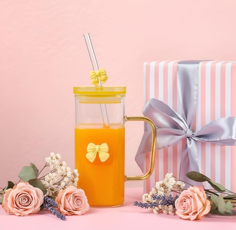 FUNKYFINDS Cute Yellow Bow Square Glass Cup 400 ml with Handle, Lid & Bow Straw Cute Korean Style Cup for Milk, Juice, Coffee & Smoothies Coquette Bows Birthday Gifts for Girls Women (Set of 1 (copy) - Image 2