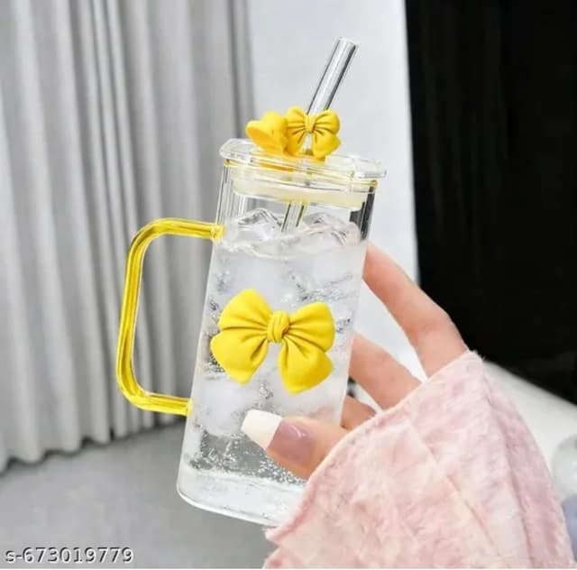 FUNKYFINDS Cute Yellow Bow Square Glass Cup 400 ml with Handle, Lid & Bow Straw Cute Korean Style Cup for Milk, Juice, Coffee & Smoothies Coquette Bows Birthday Gifts for Girls Women (Set of 1 (copy)