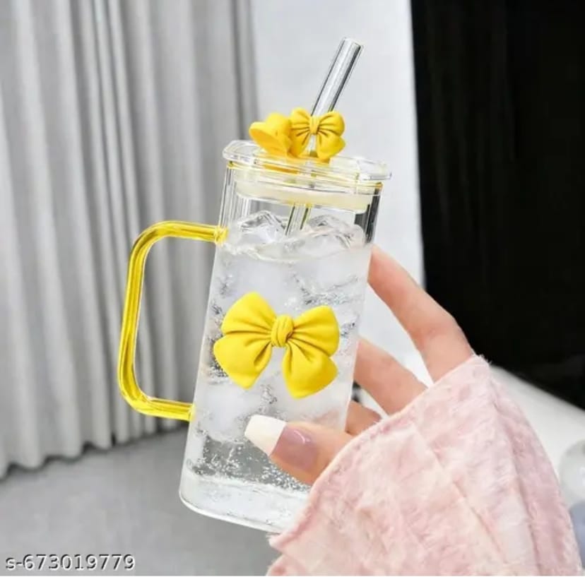 FUNKYFINDS Cute Yellow Bow Square Glass Cup 400 ml with Handle, Lid & Bow Straw Cute Korean Style Cup for Milk, Juice, Coffee & Smoothies Coquette Bows Birthday Gifts for Girls Women (Set of 1 (copy) - Image 1